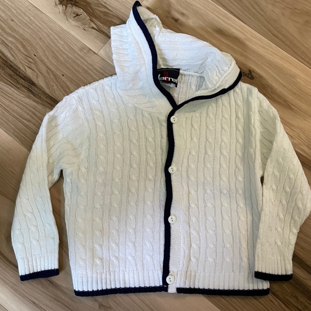 Barrel Cable Stitch Sweater Lightweight Soft Hooded White and Navy Trim …